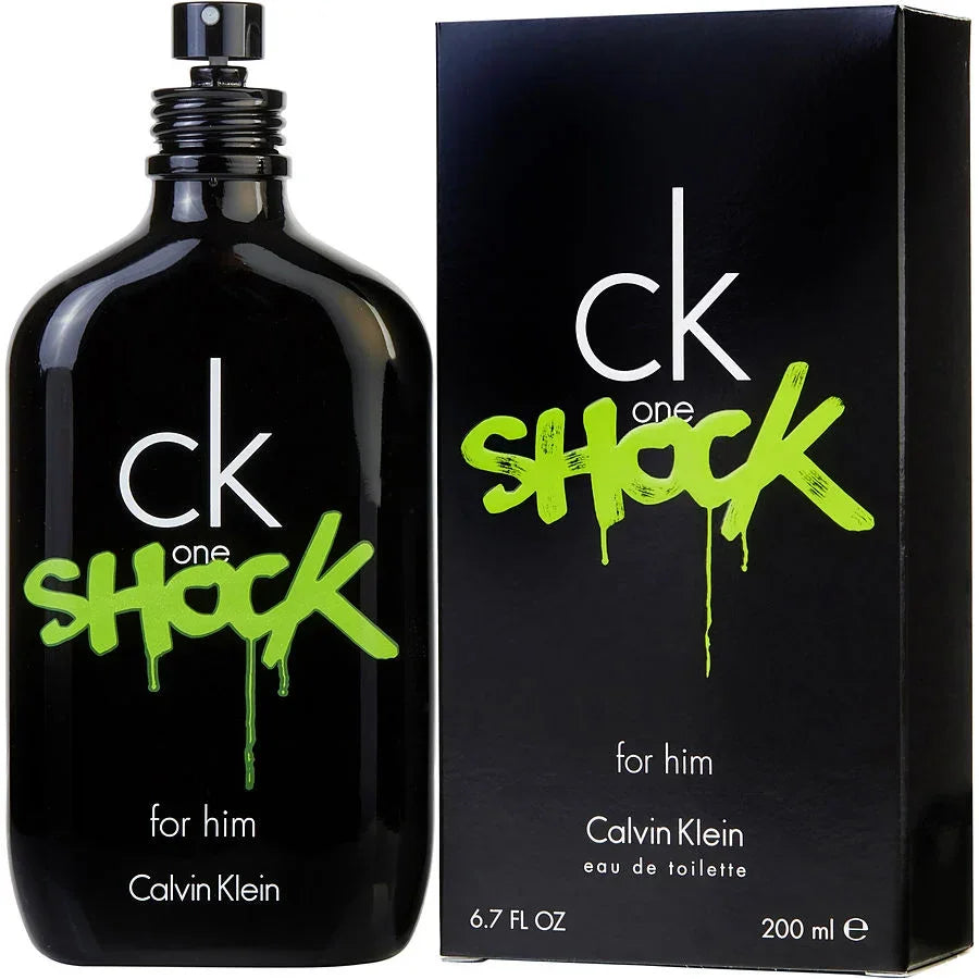 Calvin Klein CK One Shock for Him eau de toilette 200ml bottle and box, bold green graffiti design on black