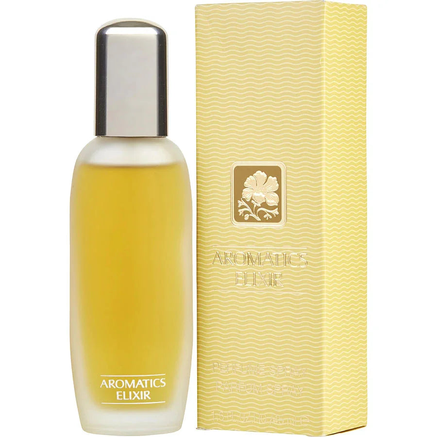Aromatics Elixir perfume spray bottle with gold cap and matching box, elegant fragrance for women