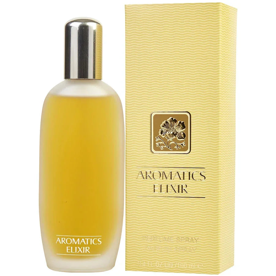 Aromatics Elixir perfume spray bottle and box, golden liquid, elegant packaging for luxury fragrance