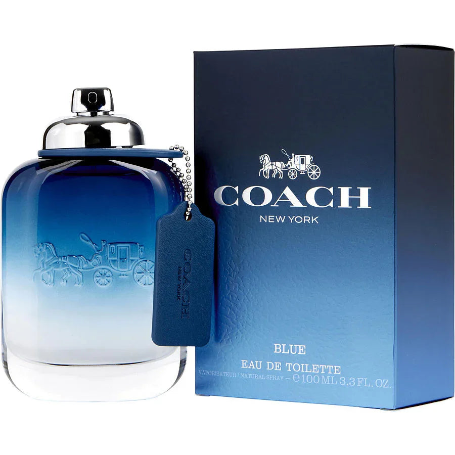 Coach Blue Eau de Toilette 100ml bottle with gradient blue glass and branded tag, next to original box