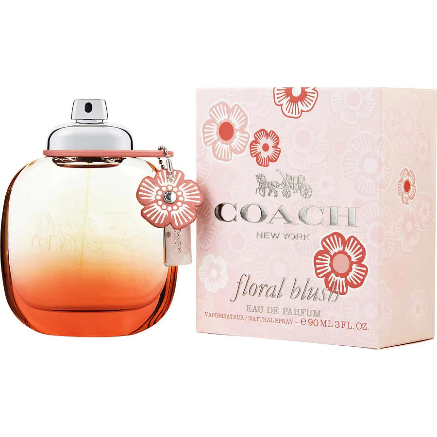 Coach Floral Blush Eau de Parfum 90ml bottle with pink flower charm, alongside its floral box packaging