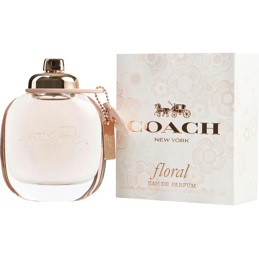 Coach Floral Eau de Parfum bottle and box, 90ml, with rose gold accents and floral design