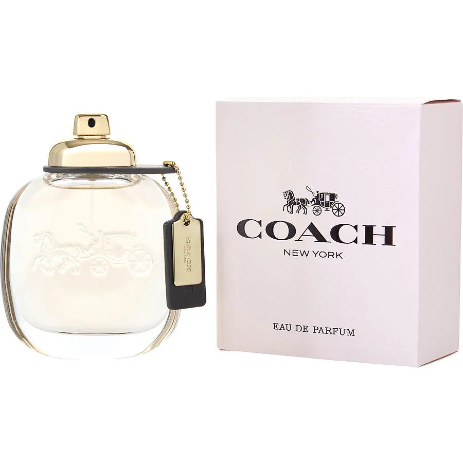 Coach New York Eau de Parfum bottle with gold cap and branded box, luxury fragrance for women