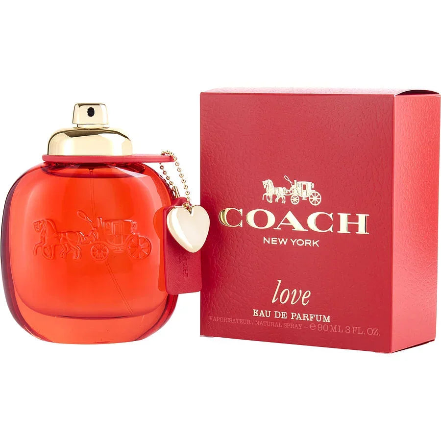 Coach Love Eau de Parfum 90ml bottle with red packaging and heart charm, luxury fragrance for women