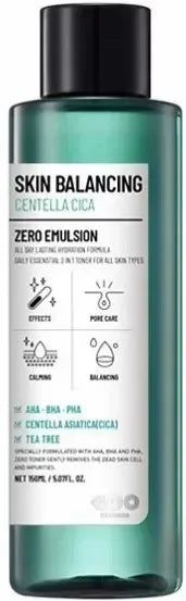 Skincare bottle labeled 'Skin Balancing Centella Cica Zero Emulsion' with a green label.