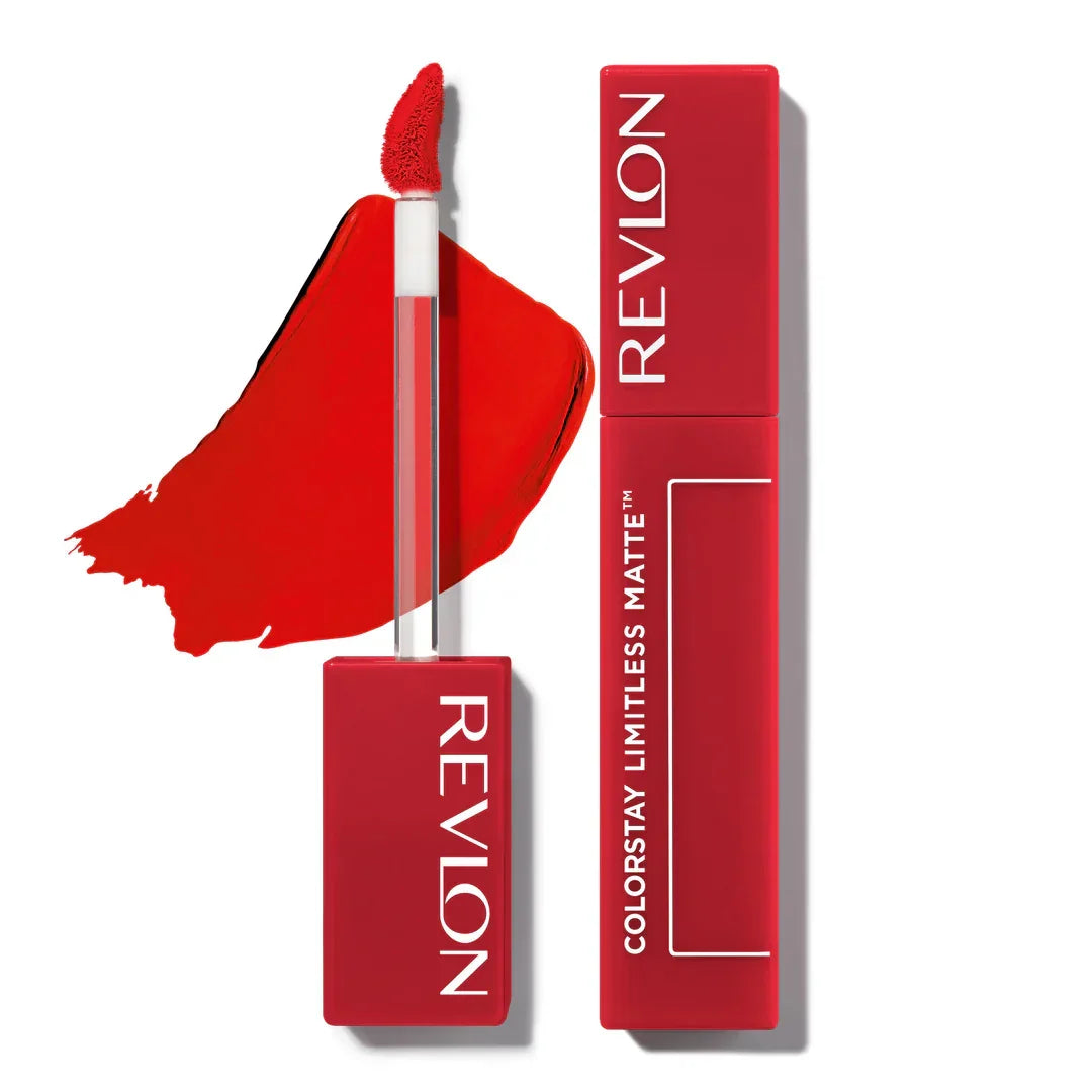 Revlon ColorStay Limitless Matte liquid lipstick with bold red swatch, vibrant matte finish