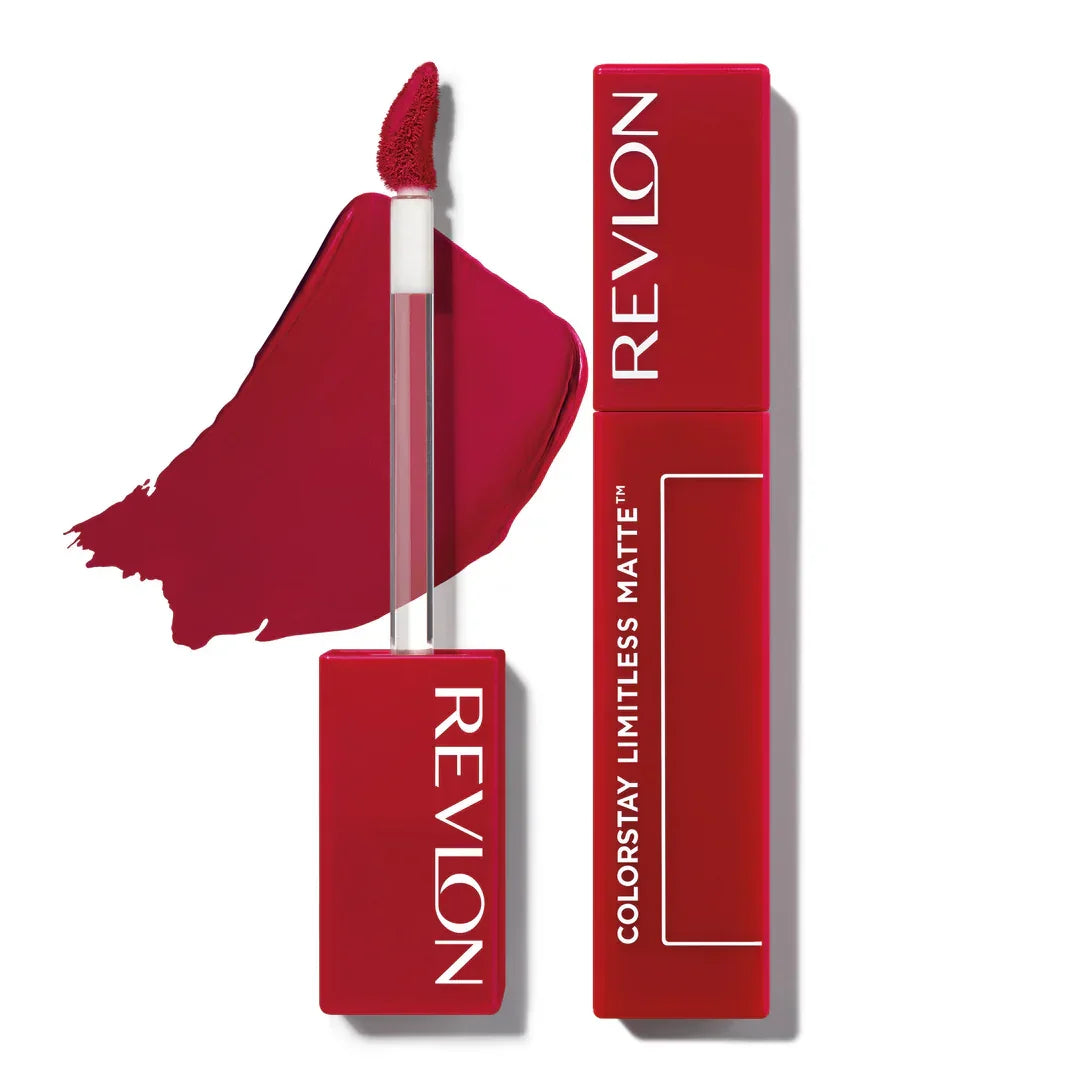 Revlon Colorstay Limitless Matte liquid lipstick in bold red, smudge-proof formula for long wear