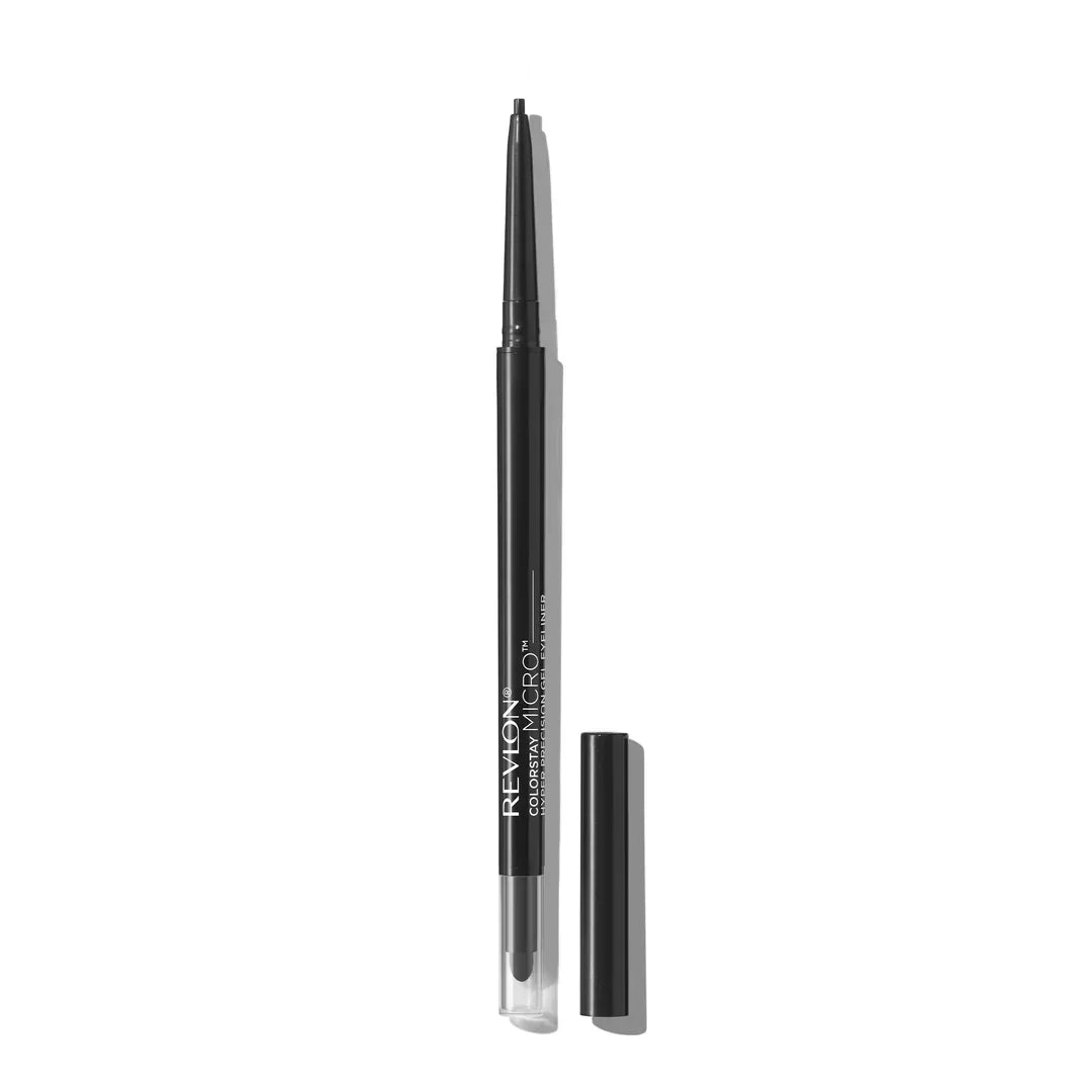Revlon ColorStay Micro Ultra Fine Precision Eyeliner in black, sleek design with cap off, perfect for precise makeup application.