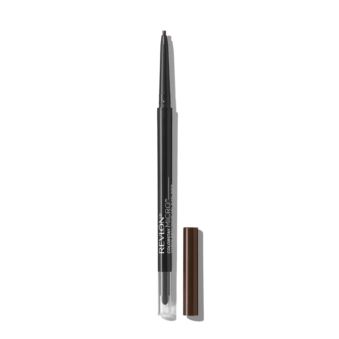 Revlon ColorStay Micro Hyper Precision Gel Eyeliner in brown, sleek black pen with cap off, ideal for precise eye makeup application.