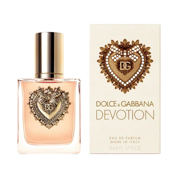 Dolce & Gabbana Devotion Eau de Parfum bottle and box, luxury perfume with ornate heart design, 50ml