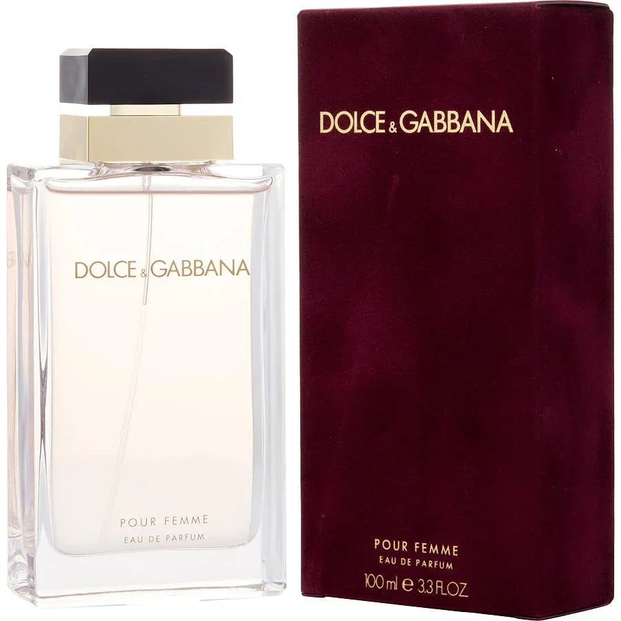 Dolce & Gabbana Pour Femme Eau de Parfum 100ml bottle with burgundy velvet box, luxury women's fragrance