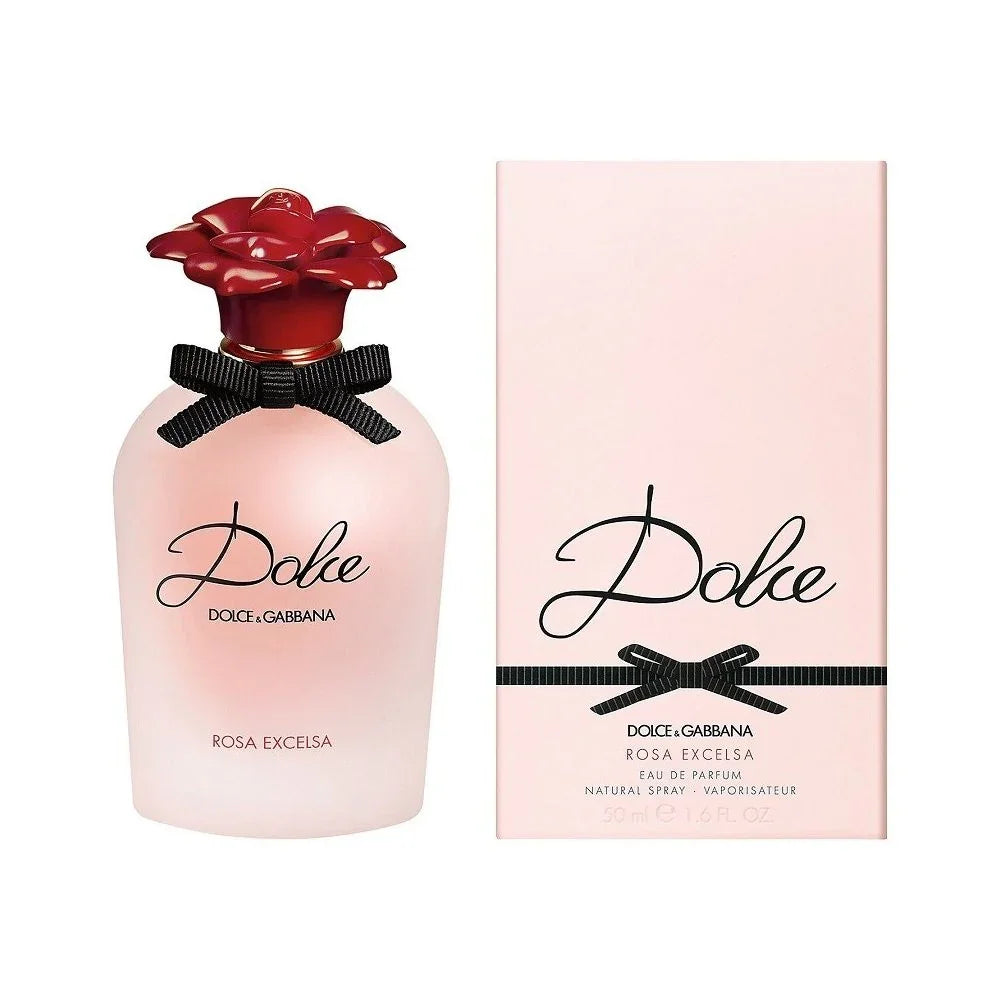 Dolce & Gabbana Rosa Excelsa Eau de Parfum bottle with red flower cap and pink box, luxury perfume for women