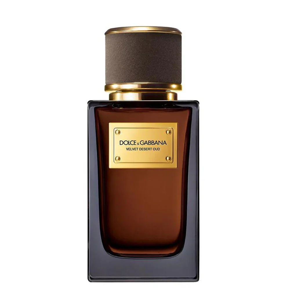 Dolce & Gabbana Velvet Desert Oud perfume bottle with gold cap and label, luxury fragrance