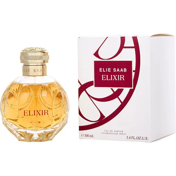 Elie Saab Elixir Eau de Parfum bottle and box, 100ml luxury fragrance with golden cap and elegant design