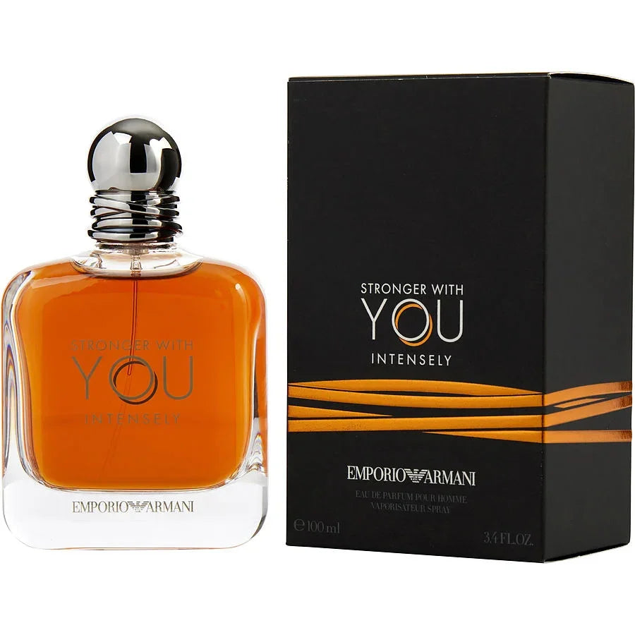 A bottle of Emporio Armani Stronger With You Intensely Eau de Parfum next to its black box packaging, both featuring the name 'YOU' prominently.