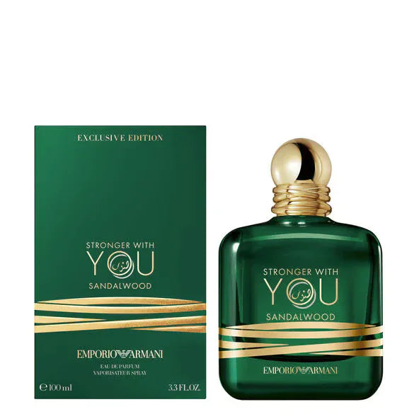 Emporio Armani Stronger With You Sandalwood perfume bottle and box, green and gold design