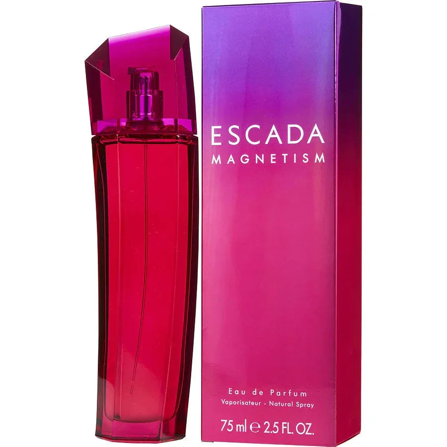 Escada Magnetism Eau de Parfum 75ml bottle with vibrant pink packaging, ideal for luxury fragrance lovers.