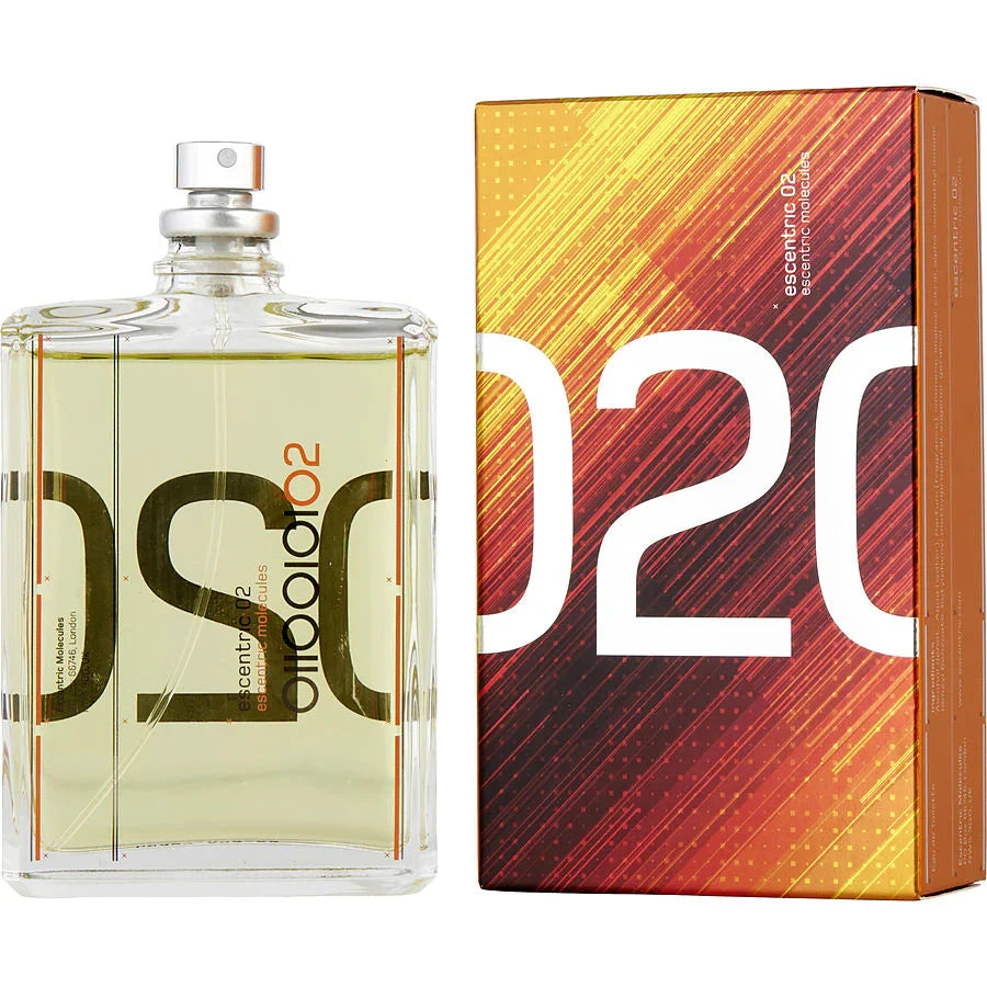Escentric 02 perfume bottle and box with vibrant orange-red design