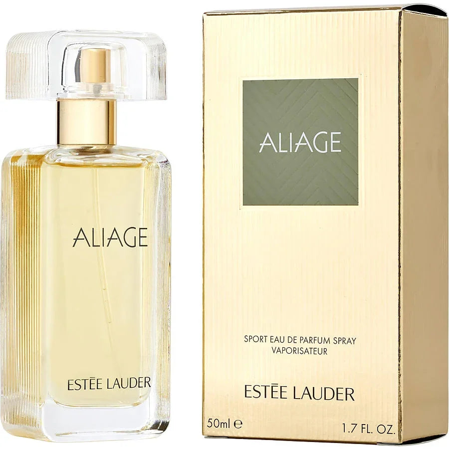 Estée Lauder Aliage Sport Eau de Parfum 50ml bottle and gold packaging for luxury fragrance lovers