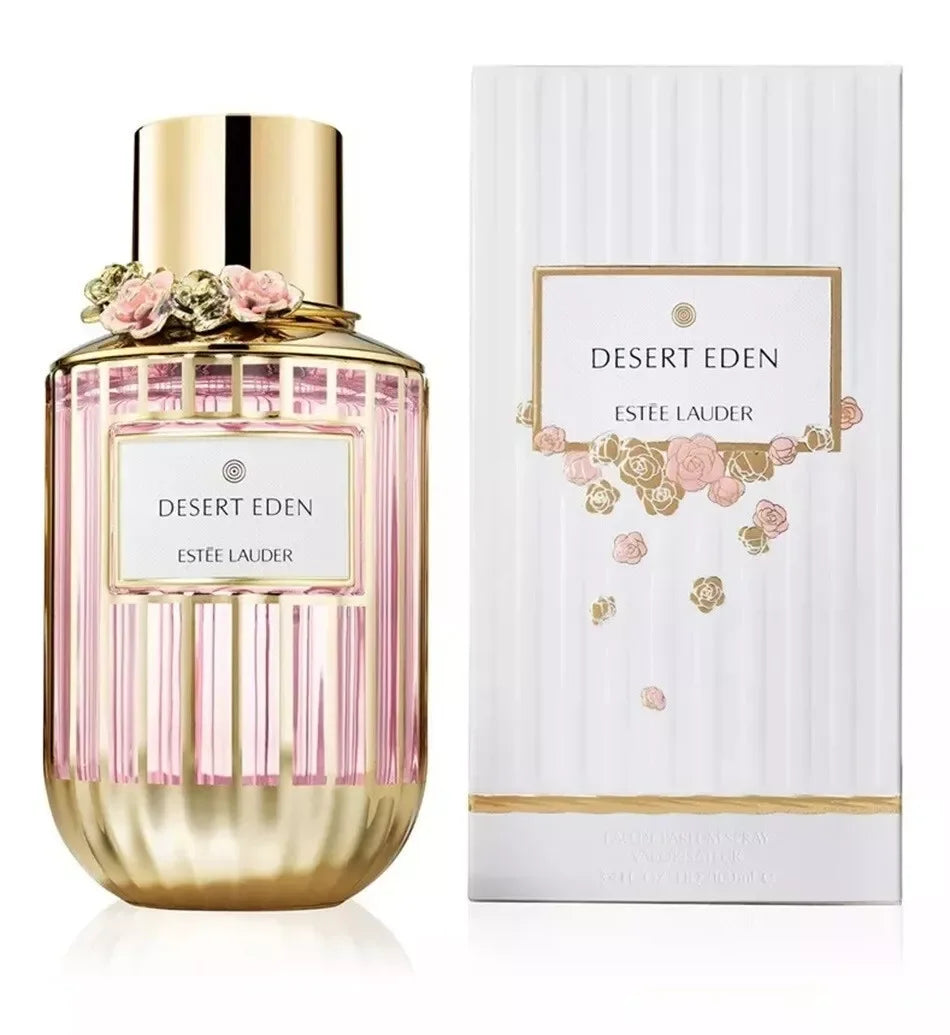 Estée Lauder Desert Eden perfume bottle with floral gold accents and elegant packaging