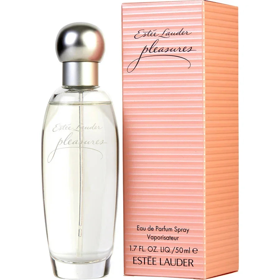 Estée Lauder Pleasures Eau de Parfum Spray 50ml bottle with pink striped box, luxury fragrance for women