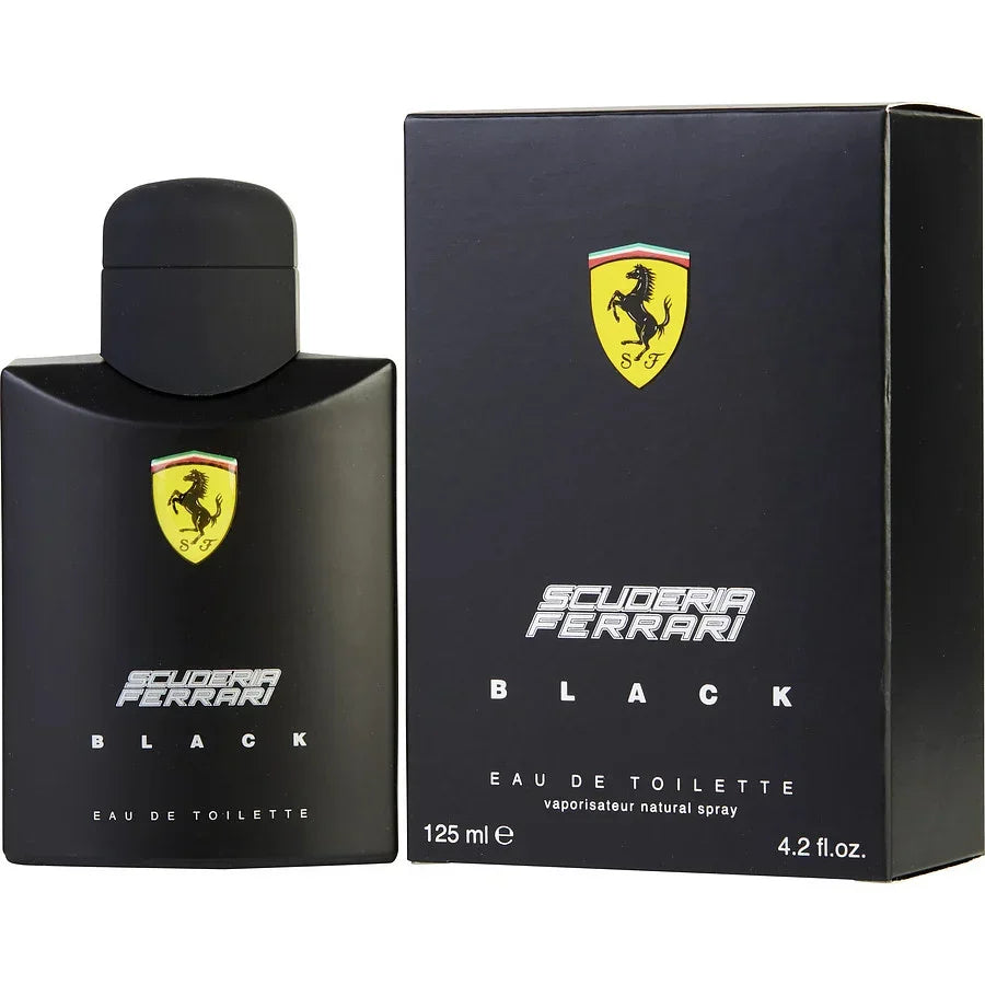 Scuderia Ferrari Black Eau de Toilette 125ml bottle and box, luxury men's fragrance with iconic logo