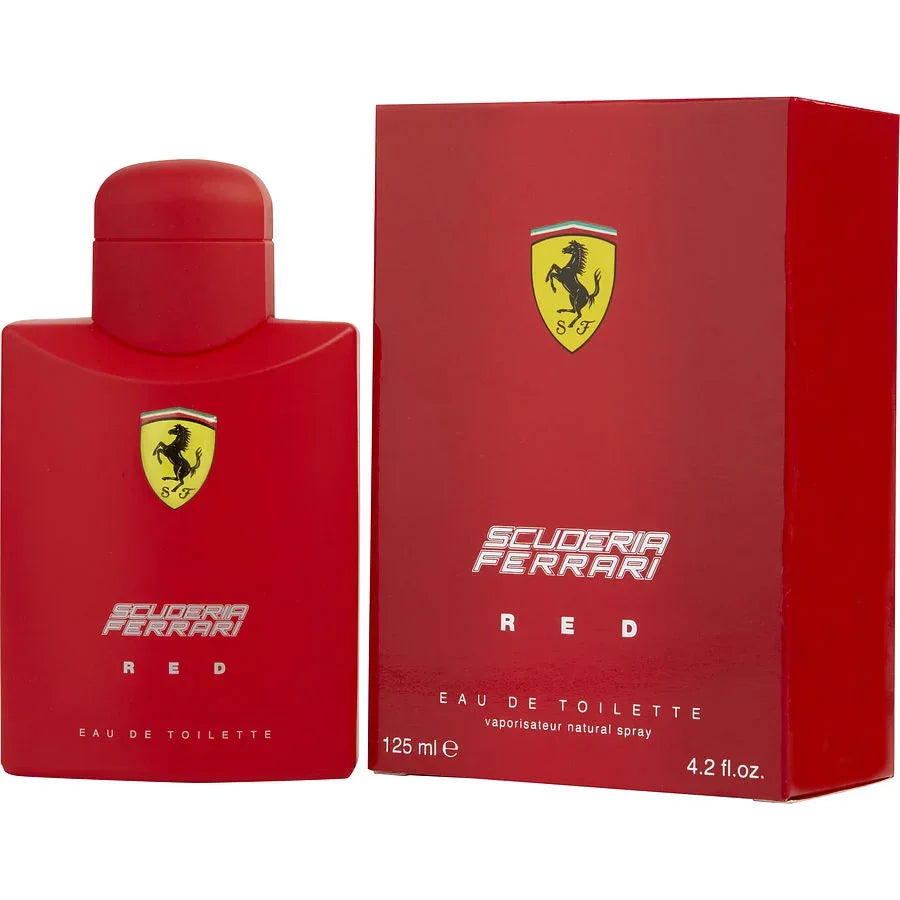 Scuderia Ferrari Red Eau de Toilette 125ml bottle and box, vibrant red design with iconic logo