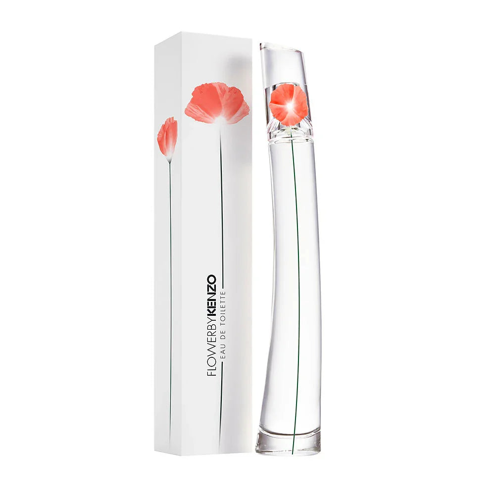 Flower by Kenzo Eau de Toilette perfume bottle with pink poppy design, elegant clear glass and white box packaging
