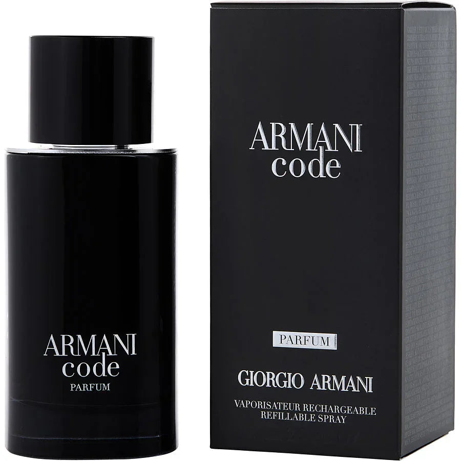 Armani Code Parfum bottle and box, refillable spray by Giorgio Armani, luxury men's fragrance