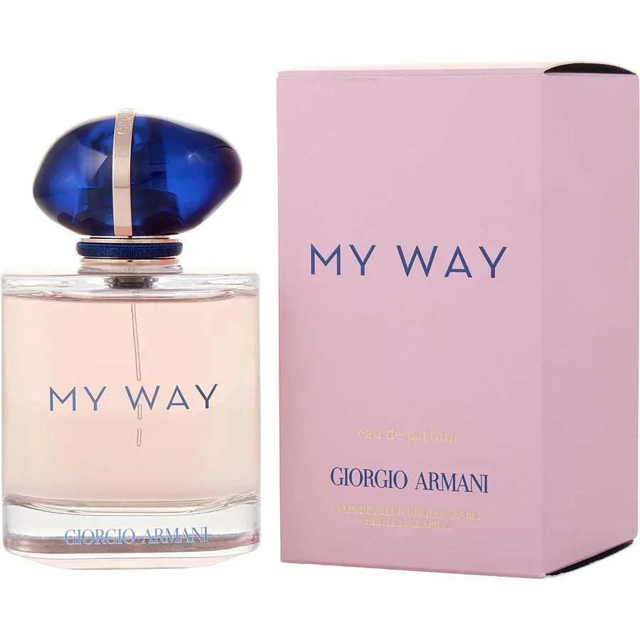 Giorgio Armani My Way eau de parfum bottle with pink packaging, elegant blue cap design
