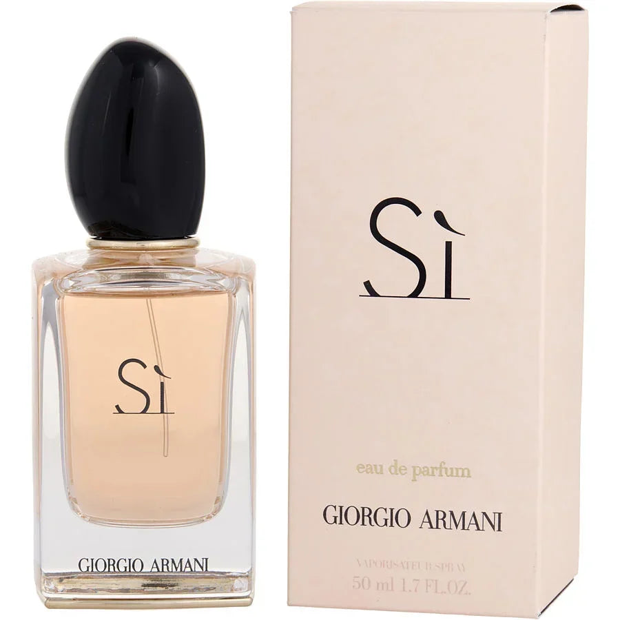 Giorgio Armani Si Eau de Parfum 50ml bottle with sleek black cap and beige packaging, luxury fragrance for women