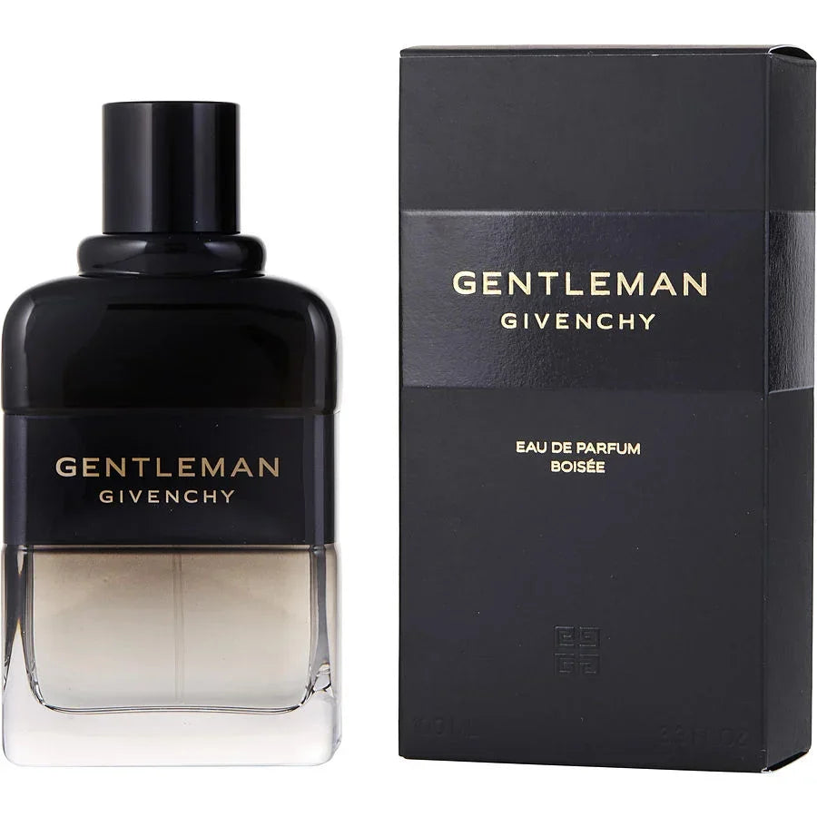 Gentleman Givenchy Eau de Parfum Boisée bottle and box, luxury men's fragrance with sleek black design