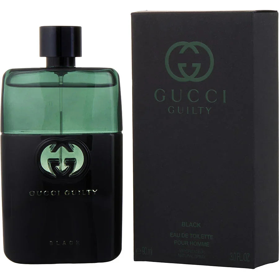 Gucci Guilty Black Pour Homme Eau de Toilette bottle and packaging, with a predominantly black design and green accents.
