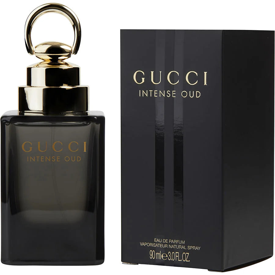 Gucci Intense Oud Eau de Parfum spray bottle and packaging box.