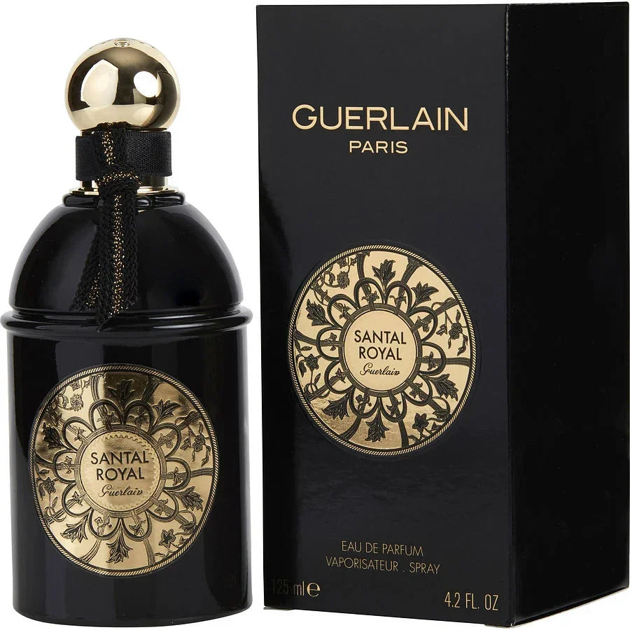 Guerlain Santal Royal Eau de Parfum bottle and box, luxury fragrance with black and gold design