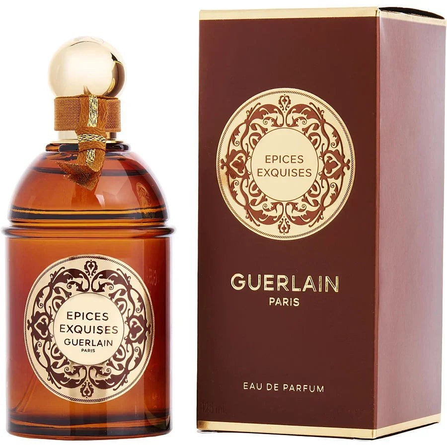Guerlain Epices Exquises Eau de Parfum bottle and box, luxury perfume for women, amber glass with gold cap