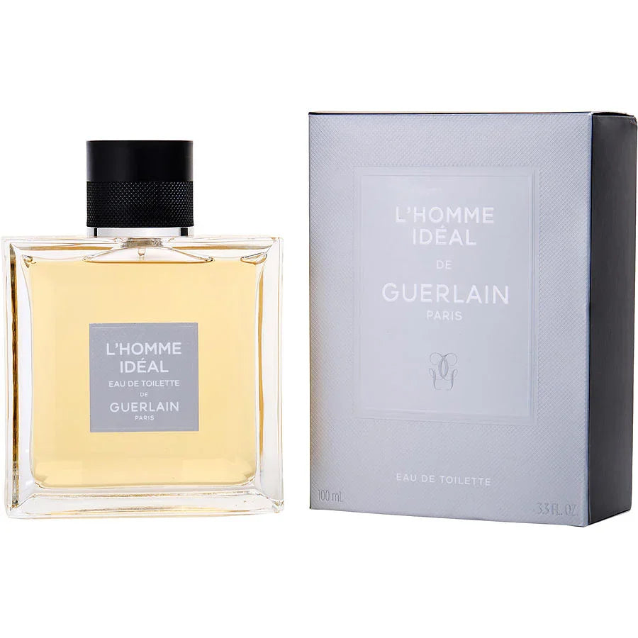 L'Homme Idéal Eau de Toilette by Guerlain Paris, 100ml bottle with sleek black cap and silver packaging