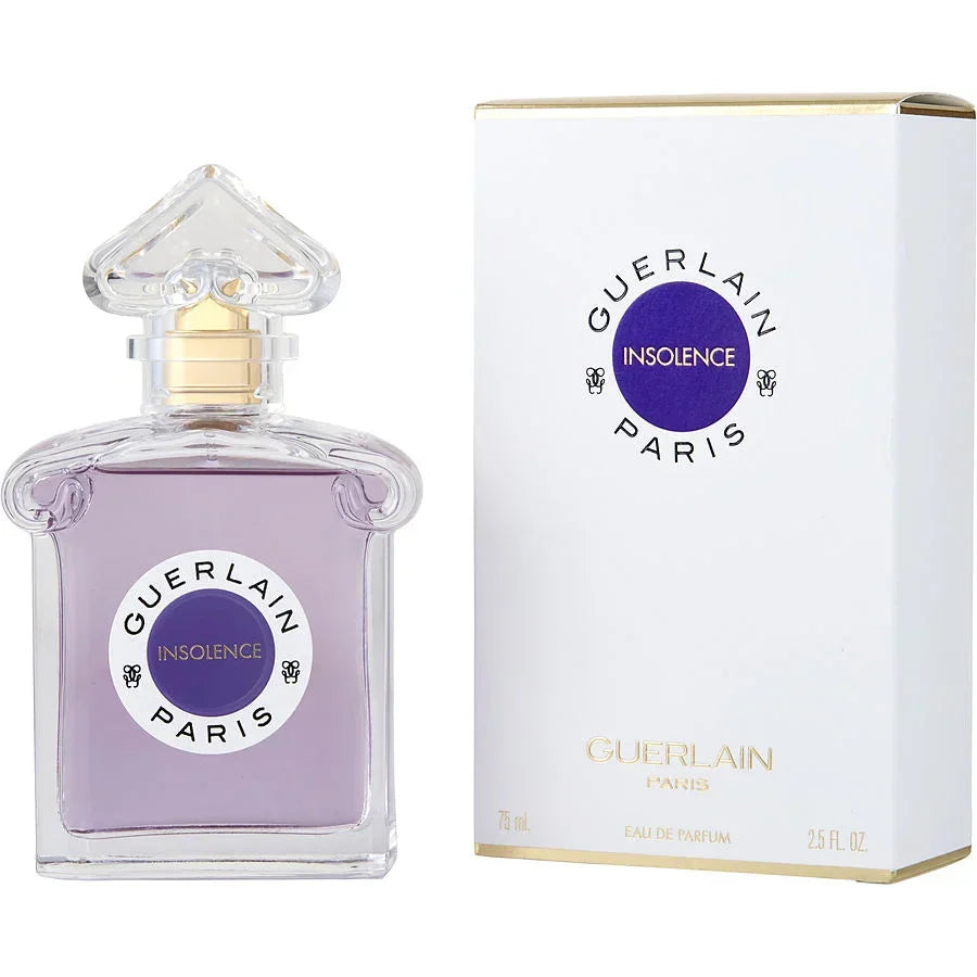 Guerlain Insolence Eau de Parfum bottle and packaging, featuring a clear glass bottle with a gold cap and a white box with purple and black text.