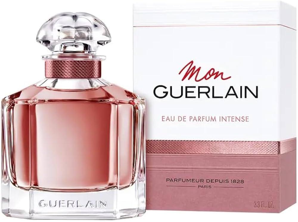 Mon Guerlain Eau de Parfum Intense bottle with rose-gold cap and white box, luxury fragrance for women