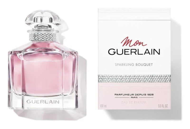 Guerlain perfume bottle with pink liquid, 100ml eau de parfum, luxury fragrance for women