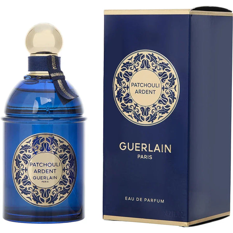 Guerlain Patchouli Ardent Eau de Parfum bottle and box, luxury blue glass with gold accents, Paris fragrance