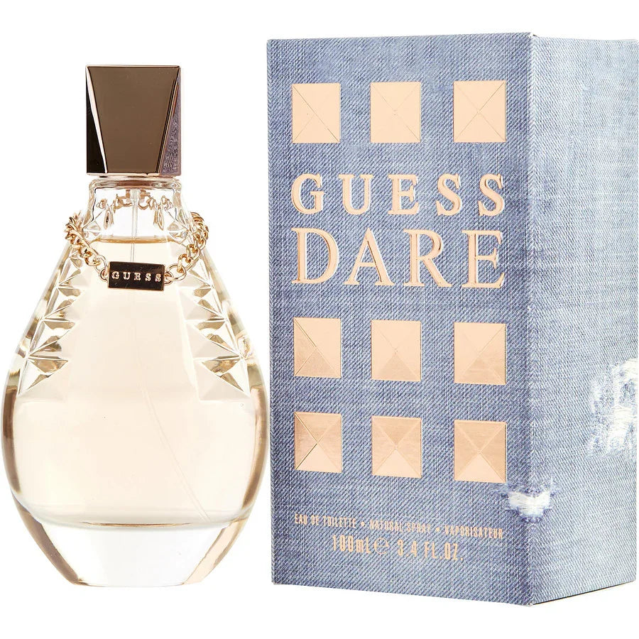 Guess Dare Eau de Toilette 100ml bottle with denim-style box, featuring gold chain and cap, ideal for perfume lovers in Qatar.