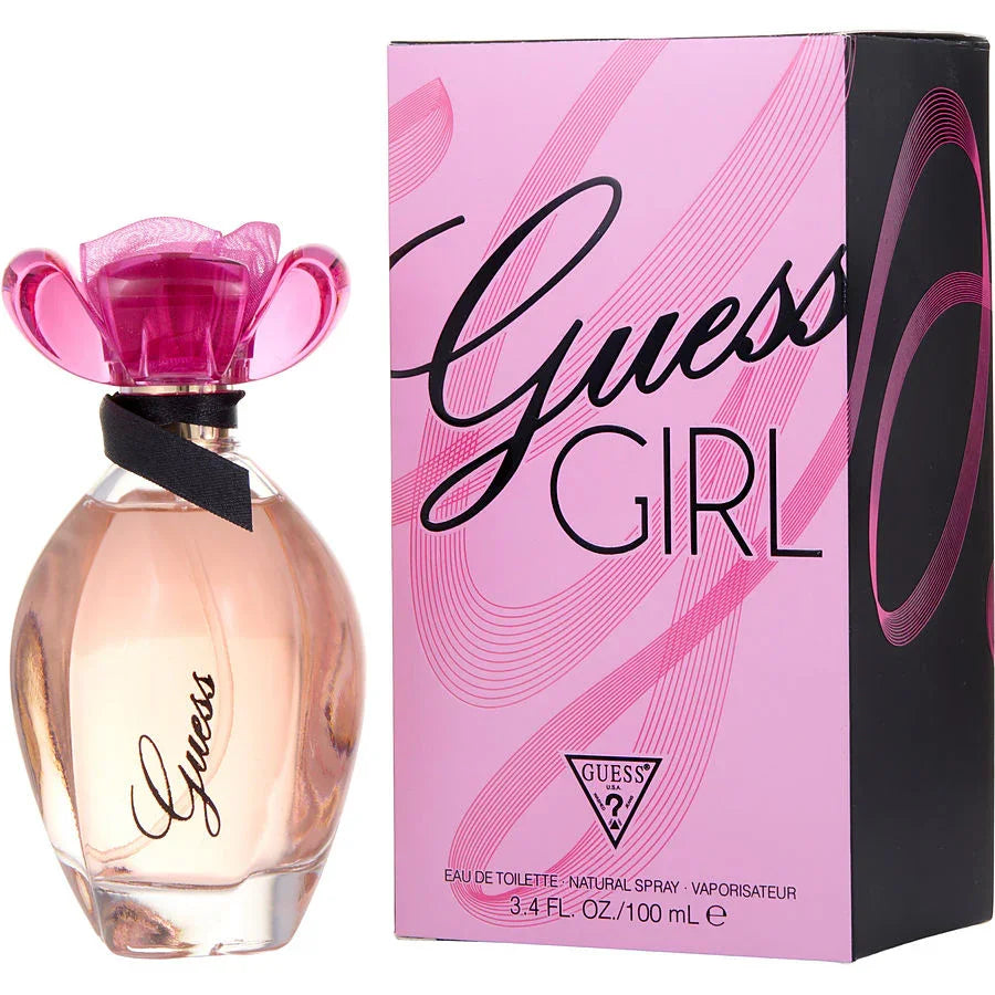 Guess Girl Eau de Toilette 100ml perfume bottle with pink floral cap and packaging, women's fragrance