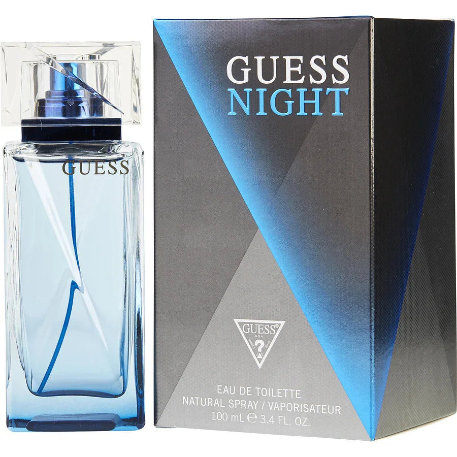 Guess Night Eau de Toilette 100ml bottle and box, blue and silver design for men's fragrance