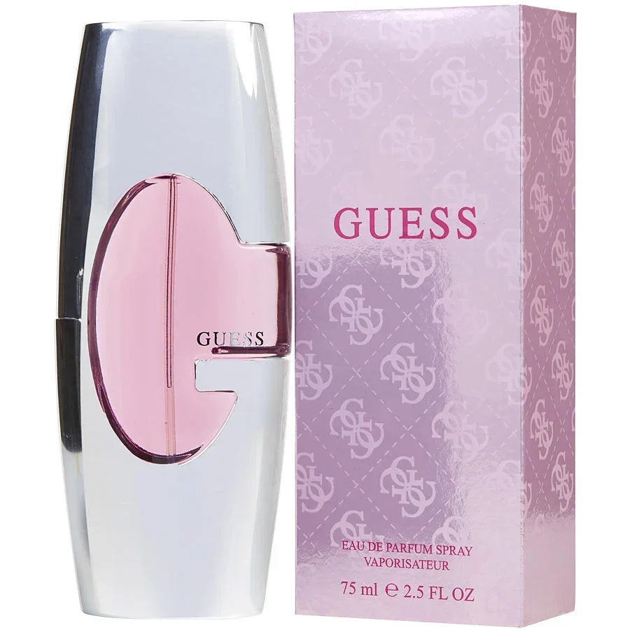 Guess Eau de Parfum spray 75ml bottle with pink G logo, luxury women's fragrance in sleek silver packaging
