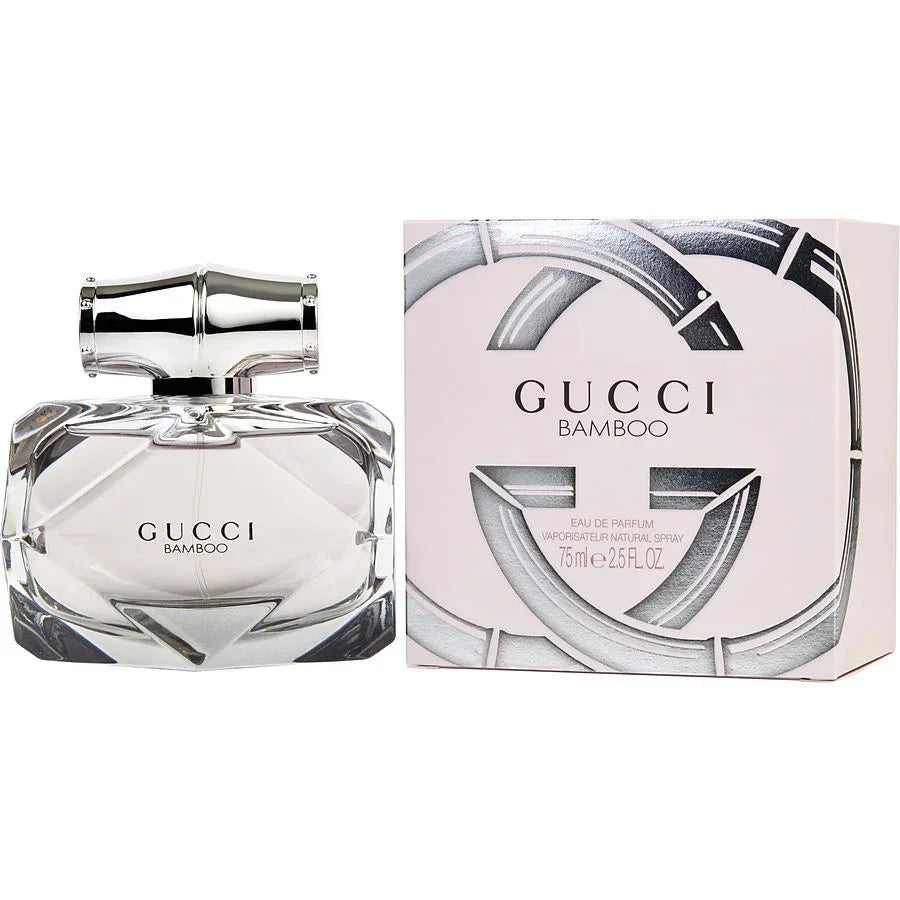Gucci Bamboo Eau de Parfum 75ml bottle with sleek silver cap and matching box, luxury fragrance for women