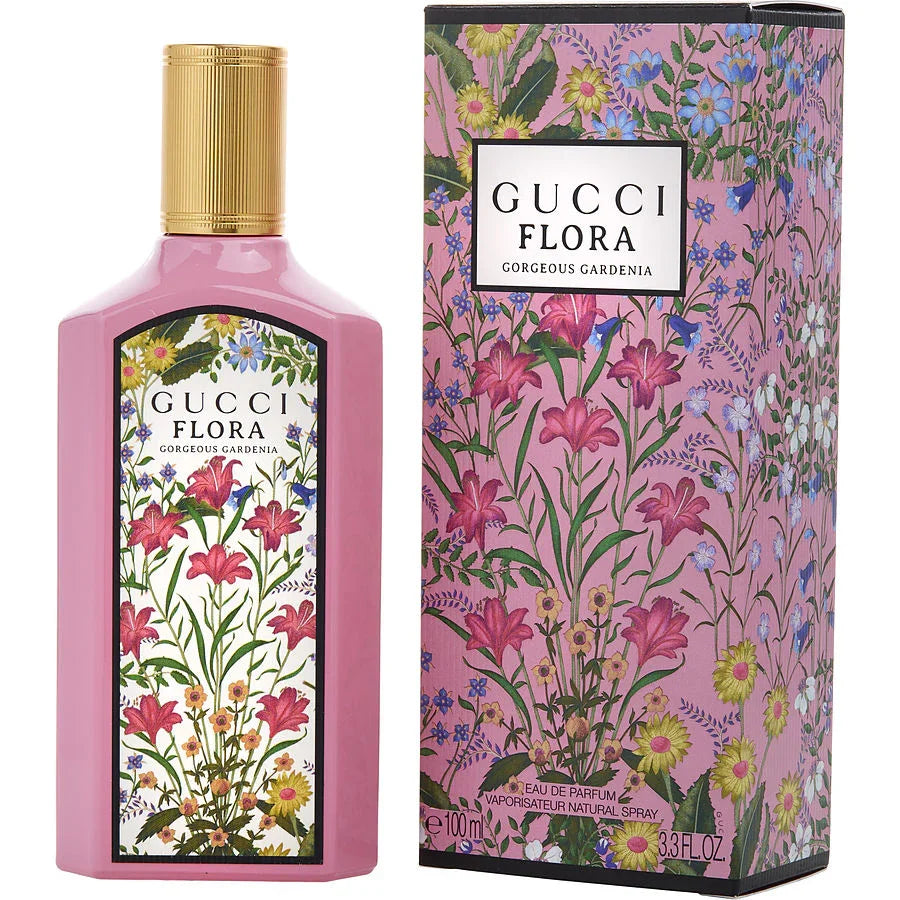 Gucci Flora Gorgeous Gardenia perfume bottle and box with floral design