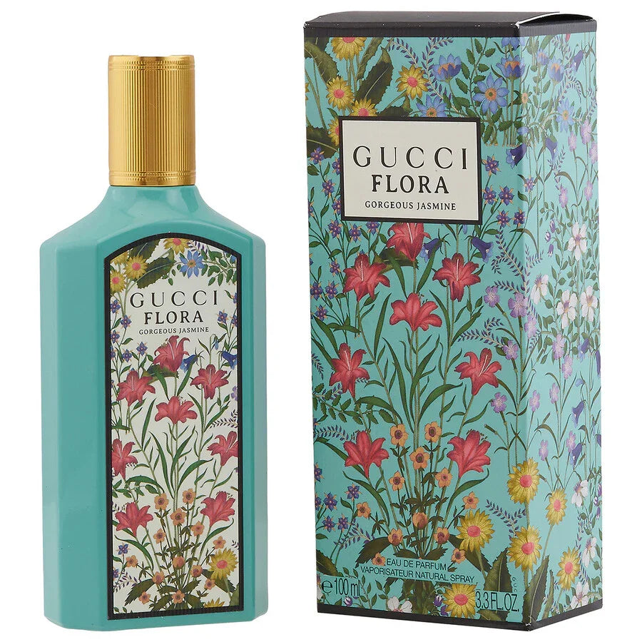 Gucci Flora Gorgeous Jasmine perfume bottle and box with floral design, 100ml Eau de Parfum