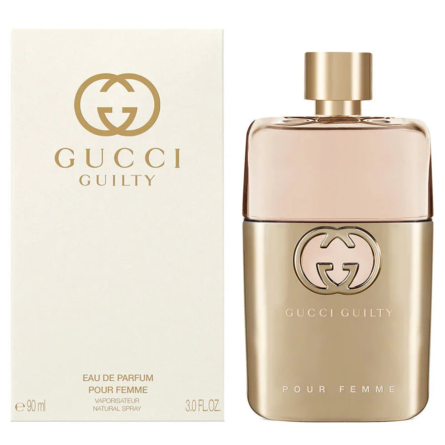 Gucci Guilty Pour Femme Eau de Parfum 90ml bottle and box, luxury women's fragrance with gold design