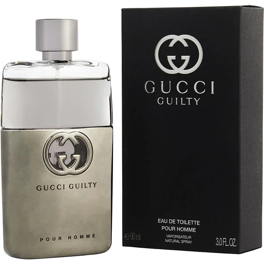 Gucci Guilty Pour Homme Eau de Toilette 90ml bottle and box, men's fragrance with silver cap and logo